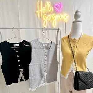 Lace Trim Buttoned Tank Tops - Black, Gray, Mustard